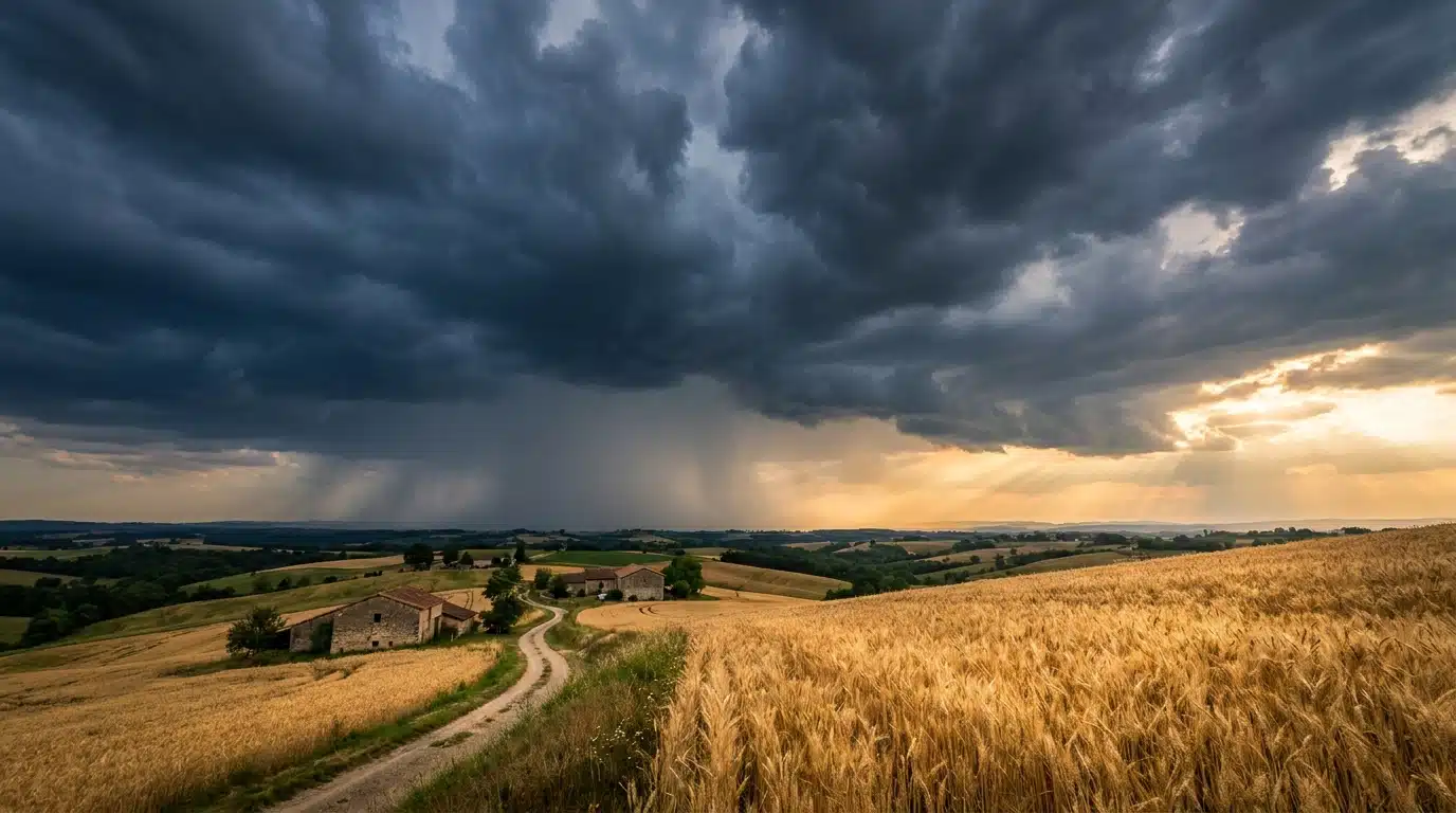 Ciel orageux menaçant au-dessus d'un champ de blé