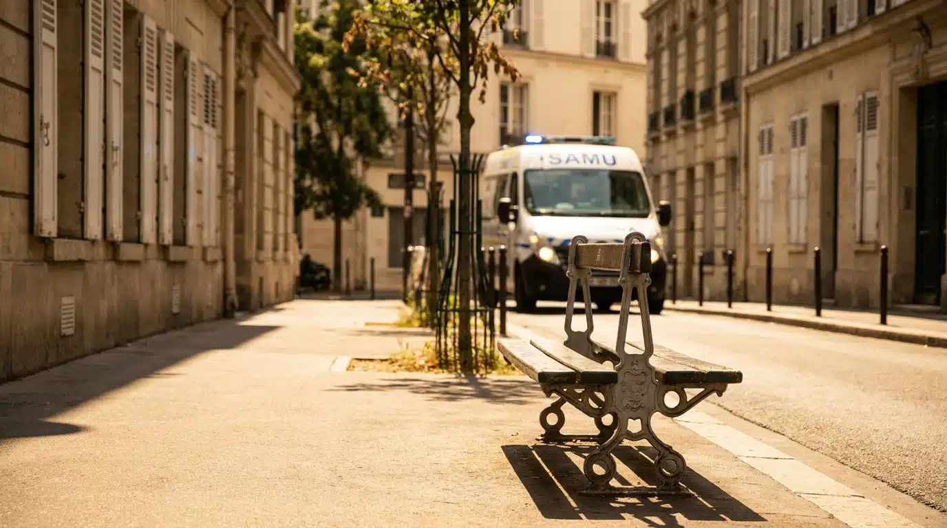 Rue parisienne déserte sous une chaleur écrasante avec ambulance