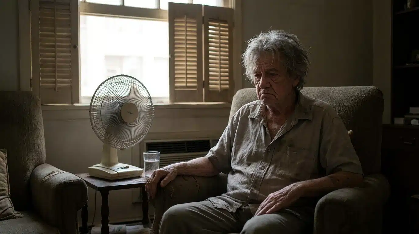 Personne âgée seule dans un appartement sombre pendant la canicule