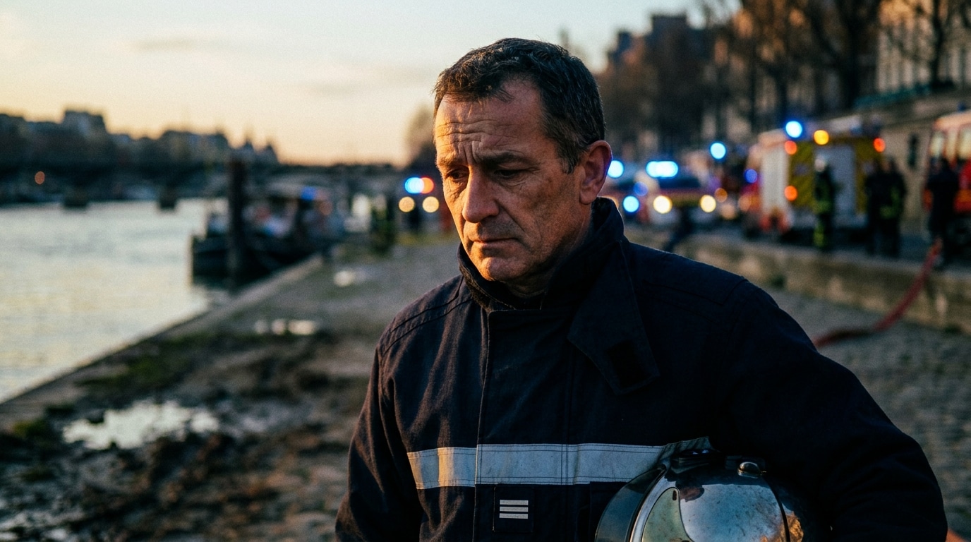 Pompier au visage épuisé au bord d'une rivière au crépuscule