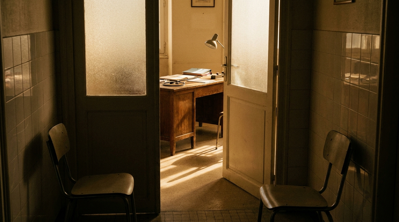 Cabinet médical vide avec stéthoscope et papiers éparpillés