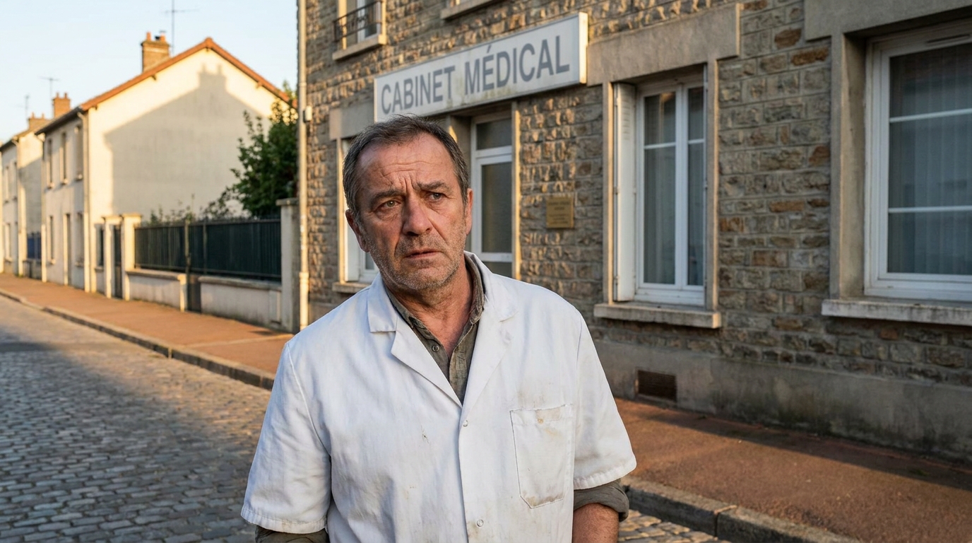 Médecin en blouse blanche devant un cabinet de ville