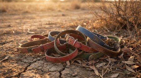 Tas de colliers pour chiens usés sur un sol poussiéreux