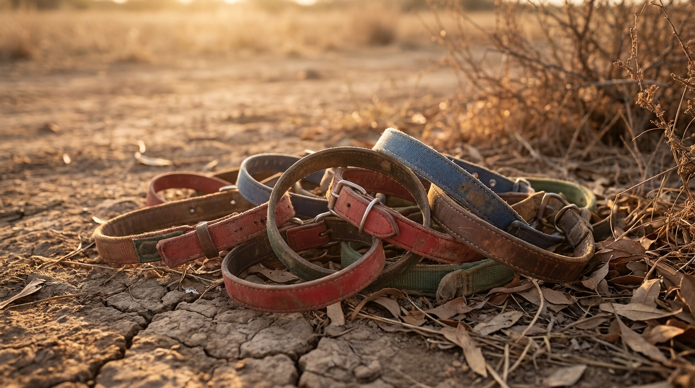 Tas de colliers pour chiens usés sur un sol poussiéreux