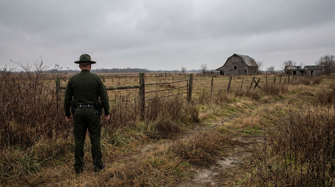 Officier inspectant un vaste terrain rural clôturé