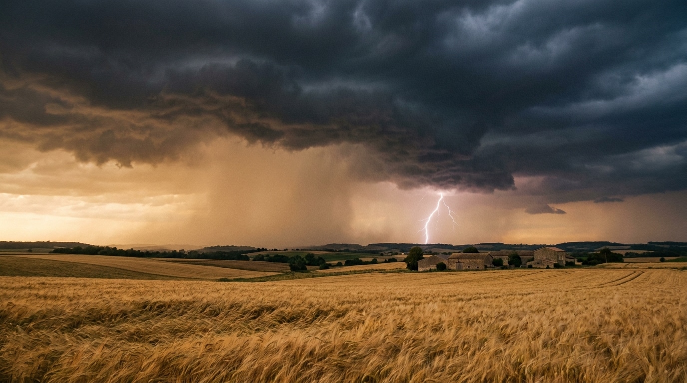 Ciel orageux menaçant au-dessus de champs de blé en France