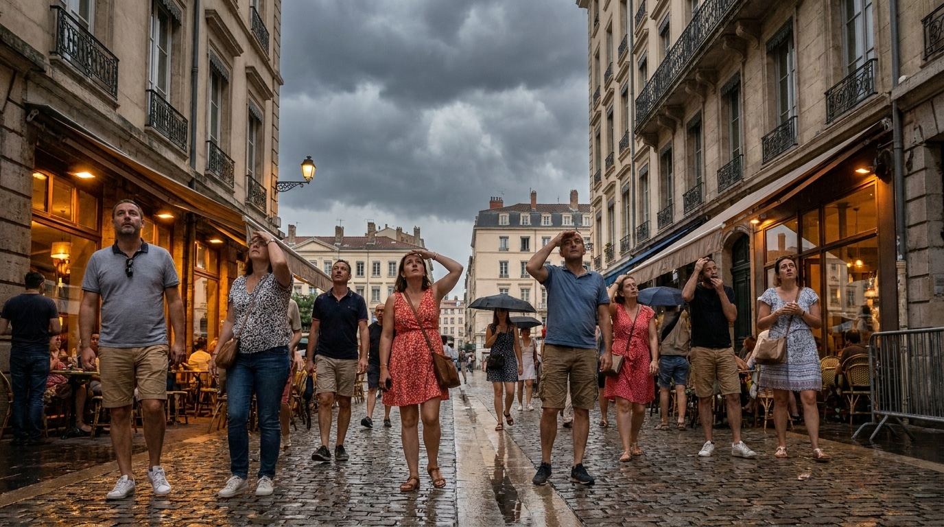 Passants inquiets regardant un ciel sombre en ville
