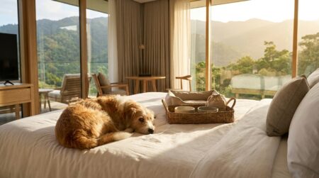 Petit chien installé sur un lit d'hôtel avec kit d'accueil