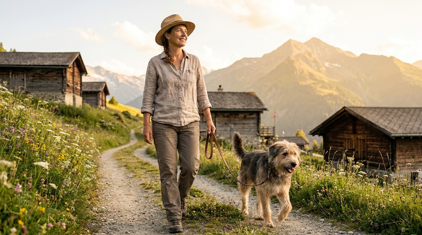 Femme promenant son chien sur un sentier alpin en été