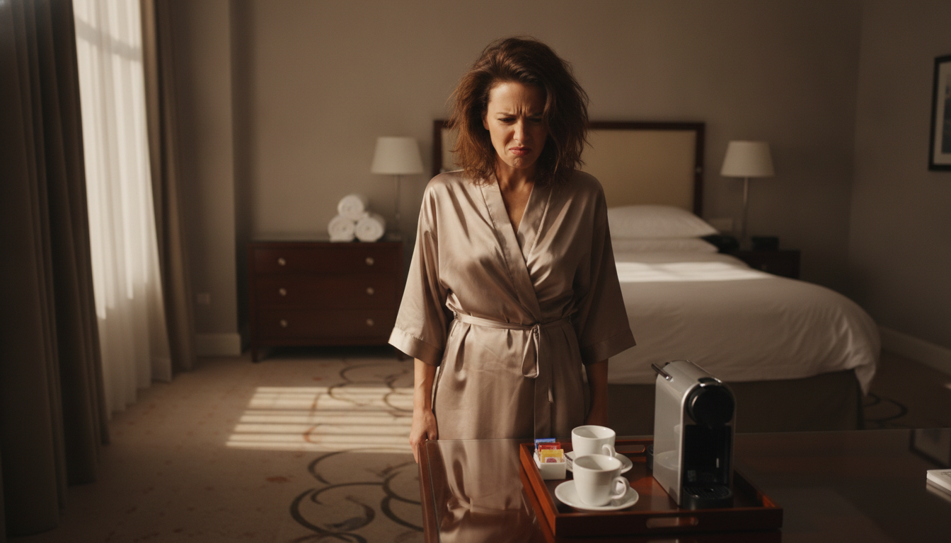 Cafetière dans une chambre d'hôtel vue avec méfiance