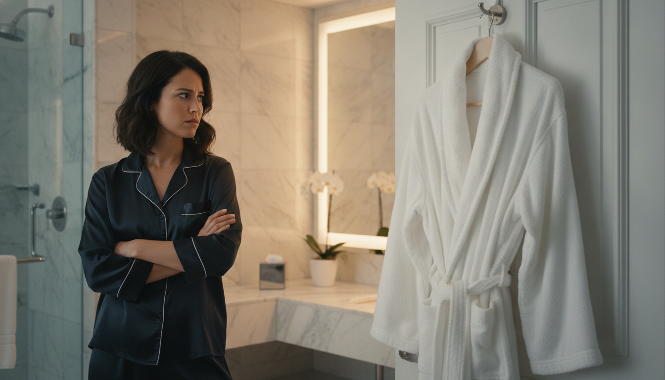 Peignoir d'hôtel accroché dans une salle de bain