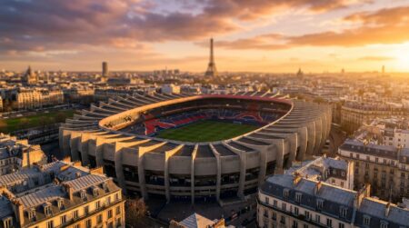 Vue aérienne du Parc des Princes au coucher du soleil