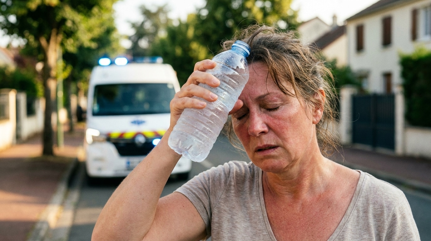 Femme épuisée par la chaleur tenant une bouteille d'eau sur le front