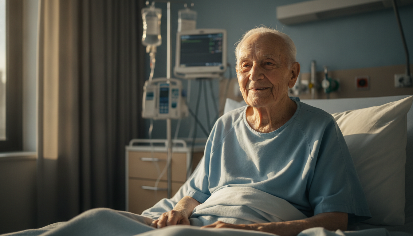 Homme centenaire souriant sur un lit d'hôpital après opération