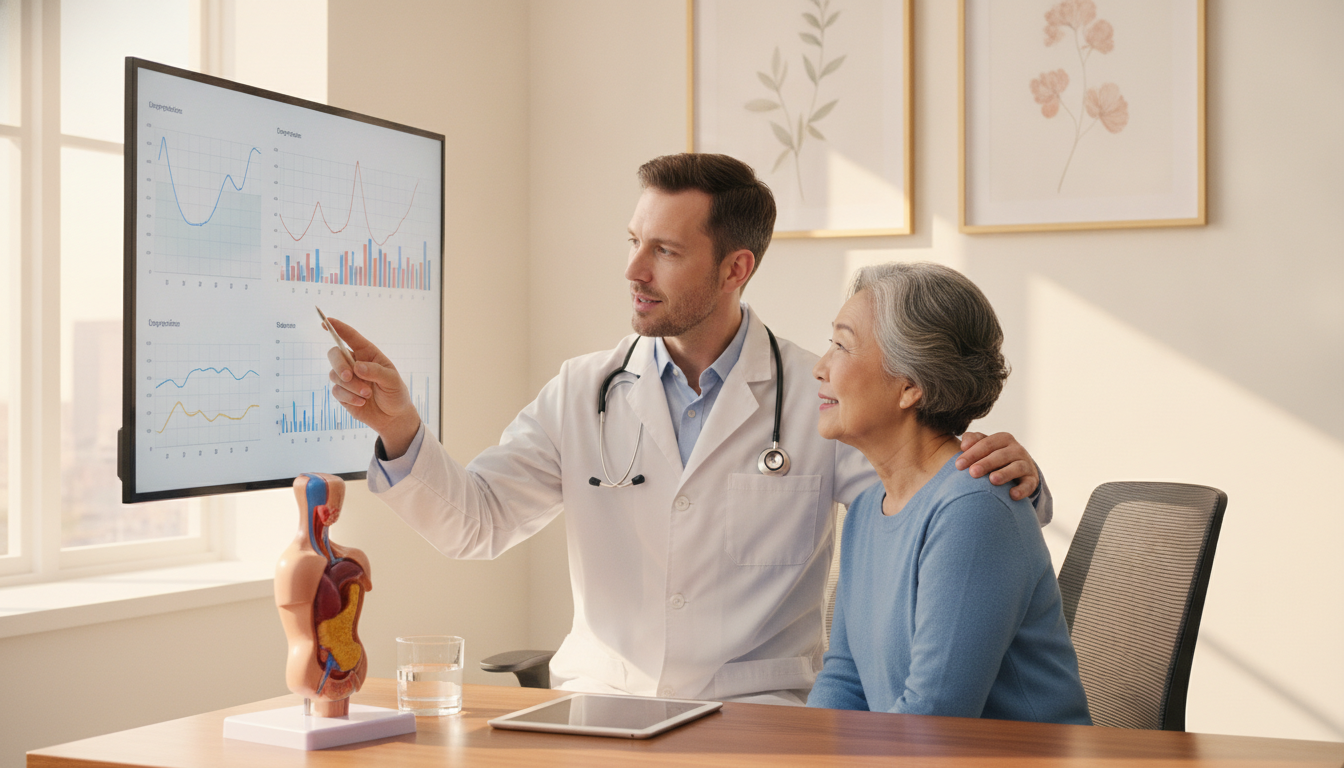 Médecin expliquant un bilan hormonal à un patient âgé