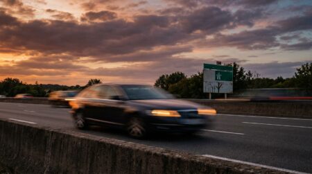 Autoroute française au crépuscule avec voiture en excès de vitesse