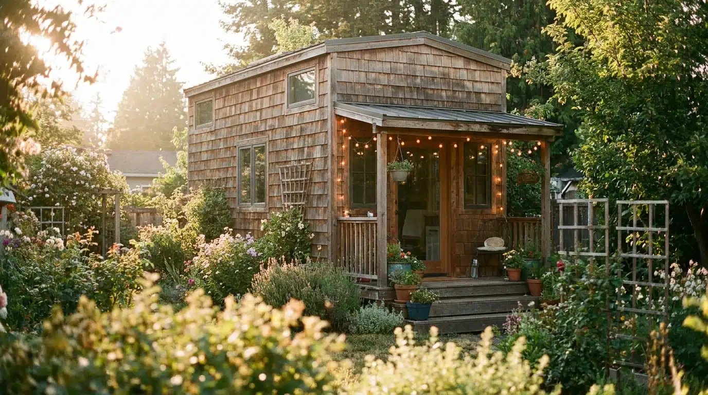 Petite maison en bois dans un jardin verdoyant au soleil couchant