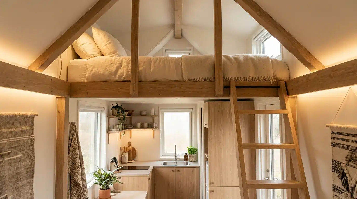 Intérieur chaleureux d'une tiny house avec lit mezzanine et cuisine