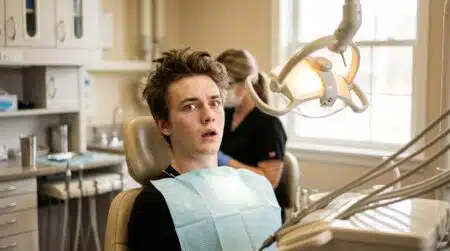 Jeune homme surpris assis dans un fauteuil de dentiste