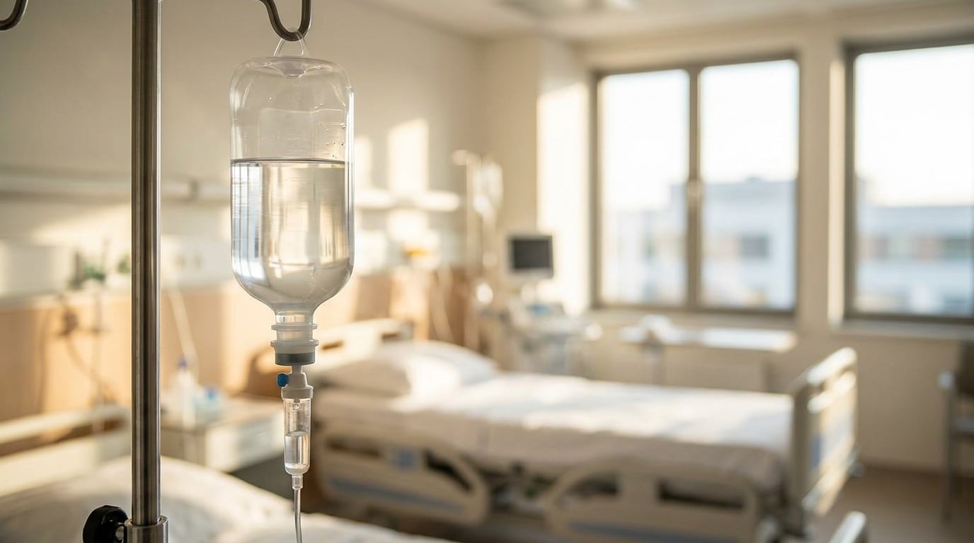 Poche de perfusion dans une chambre d'hôpital éclairée