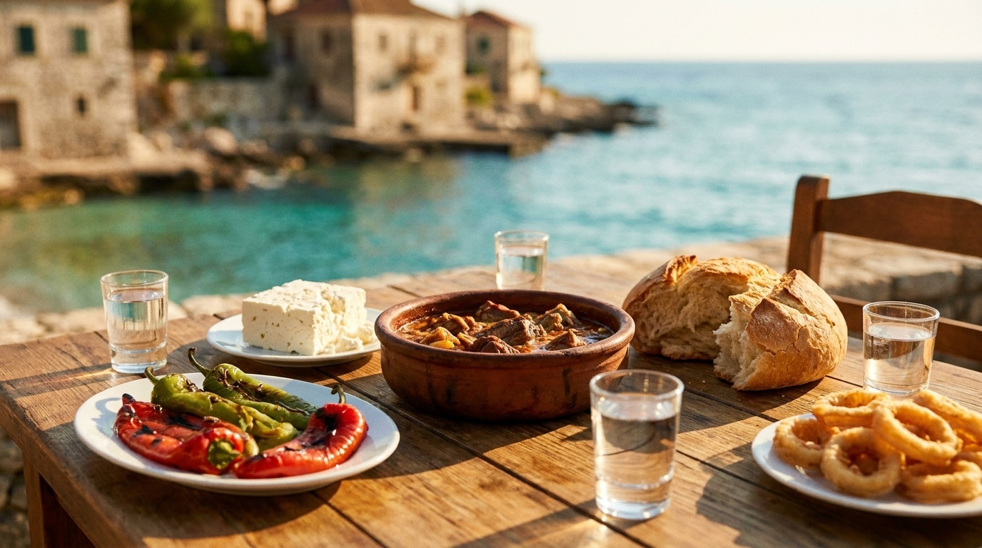 Table de taverne albanaise couverte de mezze et plats partagés