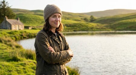 Jeune femme souriante au bord d'un lac privé à la campagne