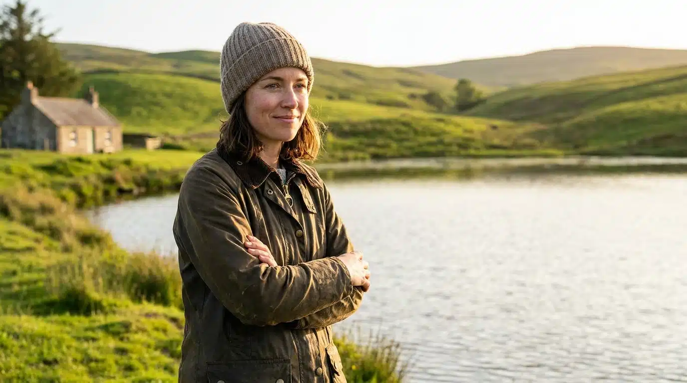 Jeune femme souriante au bord d'un lac privé à la campagne