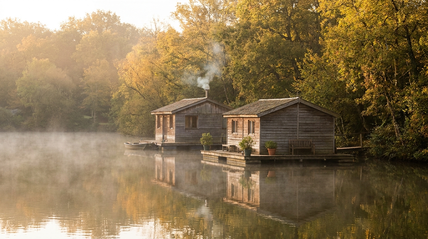 Deux cabanes flottantes en bois sur un lac calme