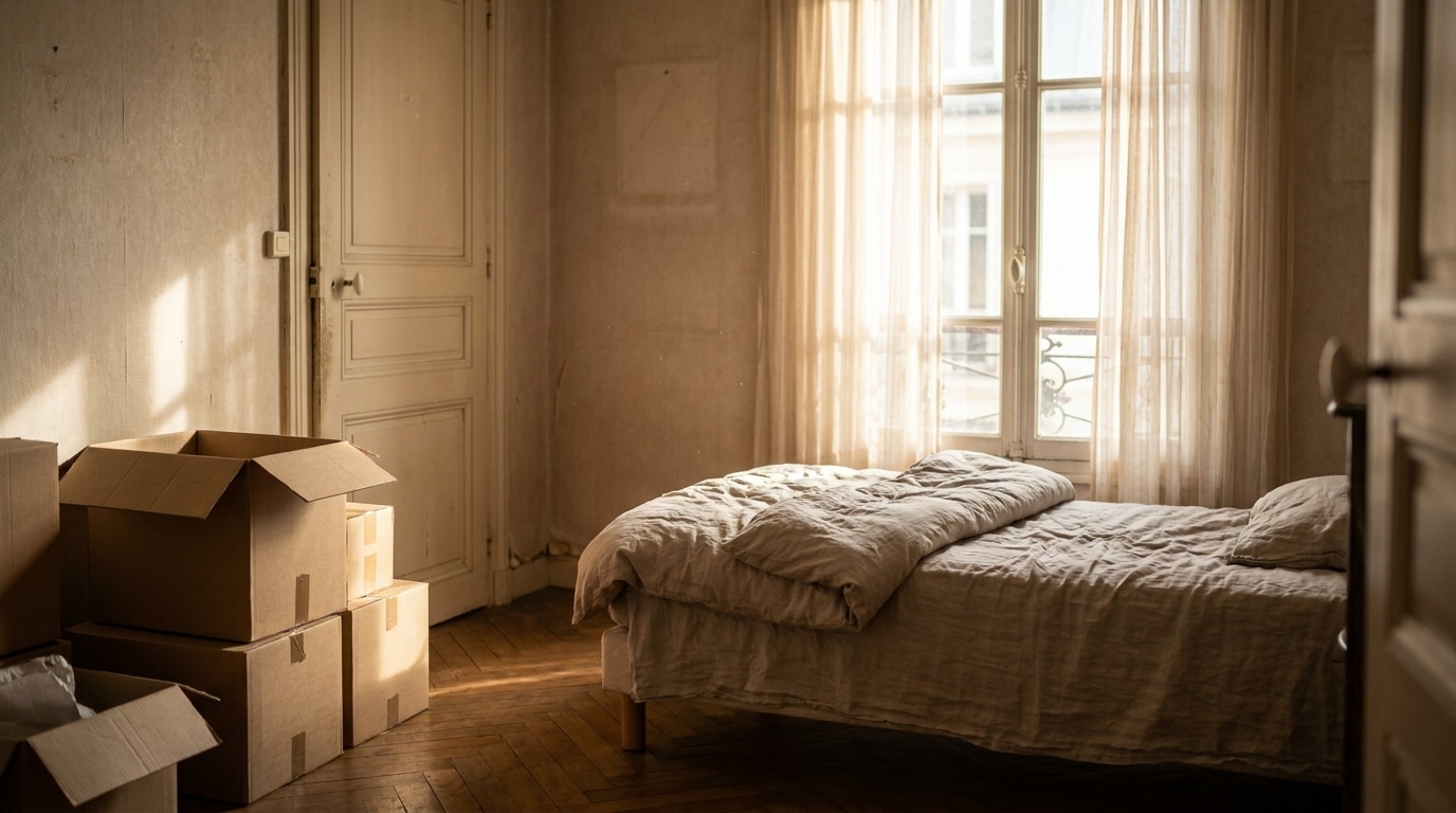 Chambre vide avec cartons de déménagement près de la porte