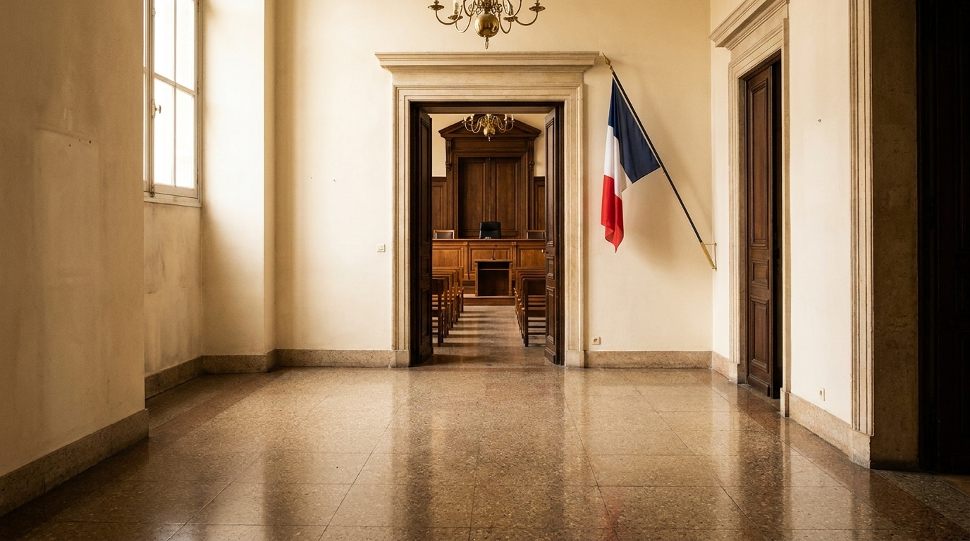 Couloir de tribunal civil français avec portes entrouvertes