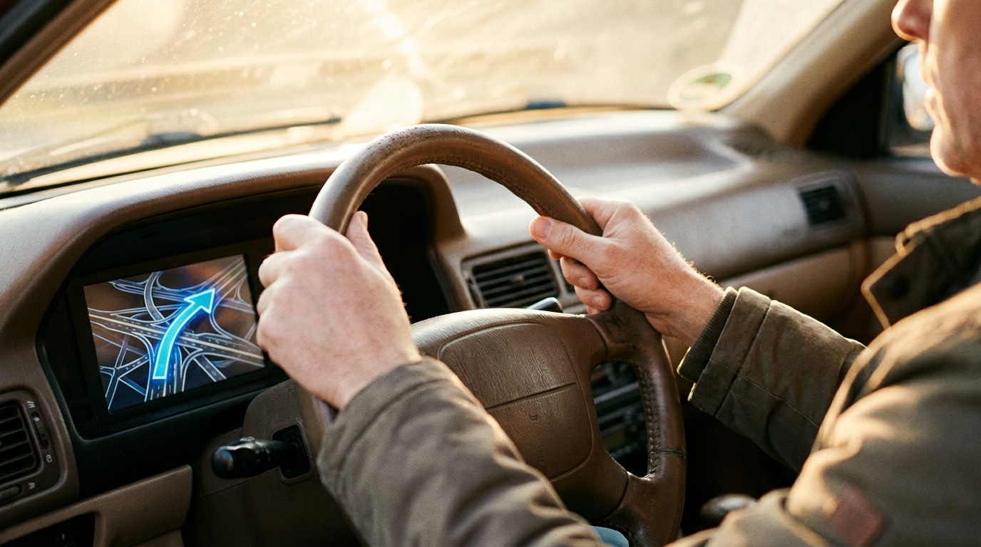 Mains crispées sur un volant face à un écran GPS