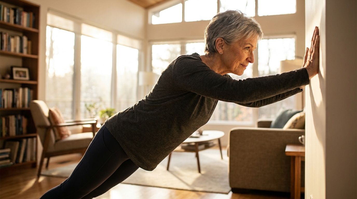 Femme sportive de 70 ans faisant des pompes au mur