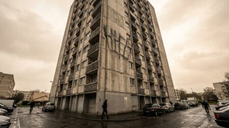 Tour d'immeuble HLM vue en contre-plongée avec graffiti en hauteur