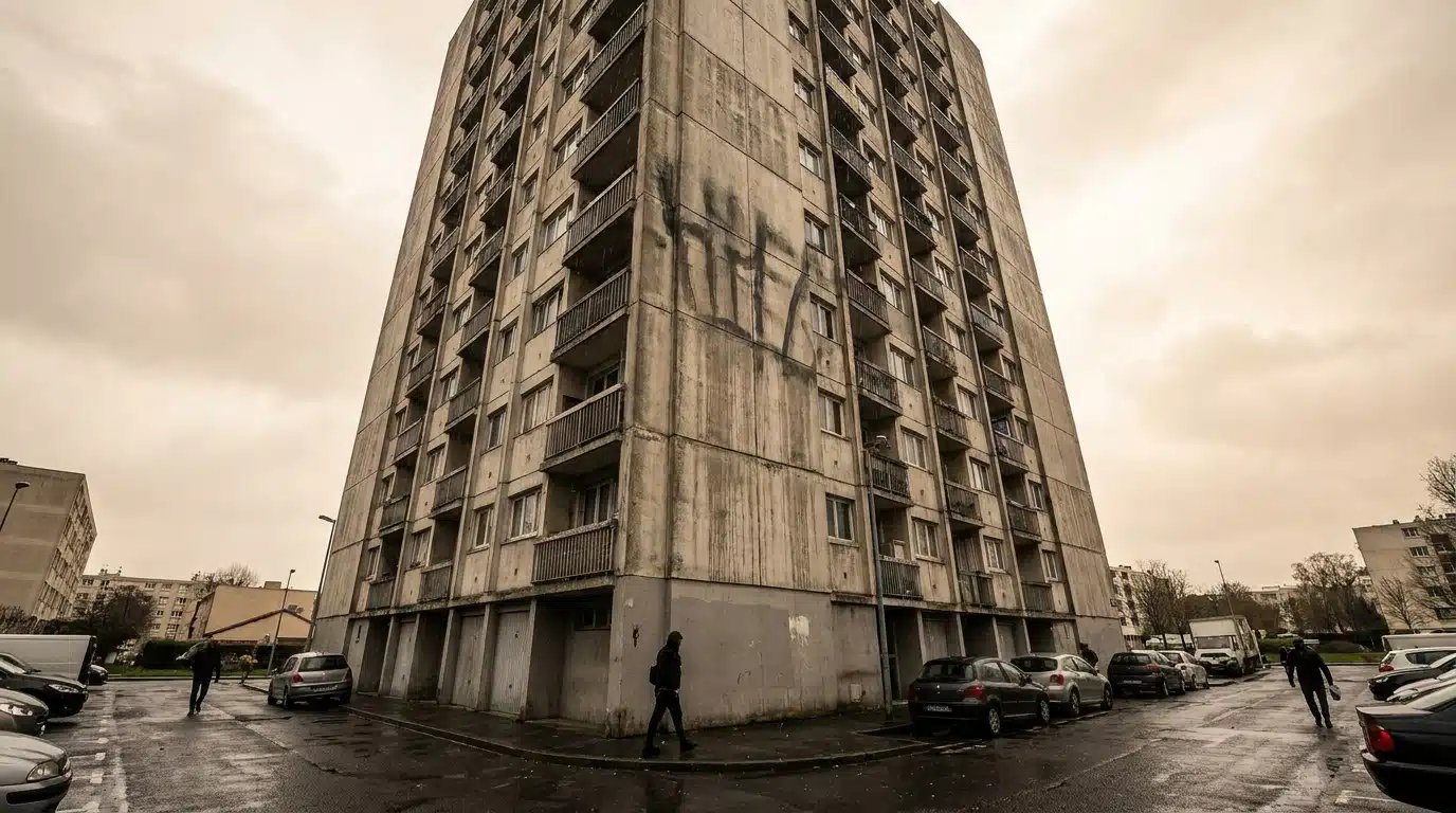 Tour d'immeuble HLM vue en contre-plongée avec graffiti en hauteur