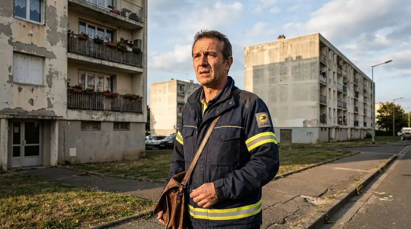 Facteur inquiet dans une rue de banlieue française