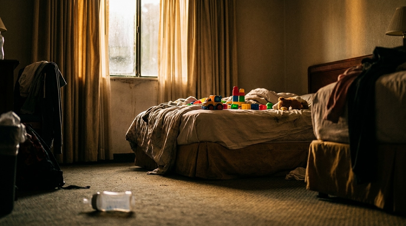 Chambre d'hôtel en désordre avec jouets d'enfants éparpillés