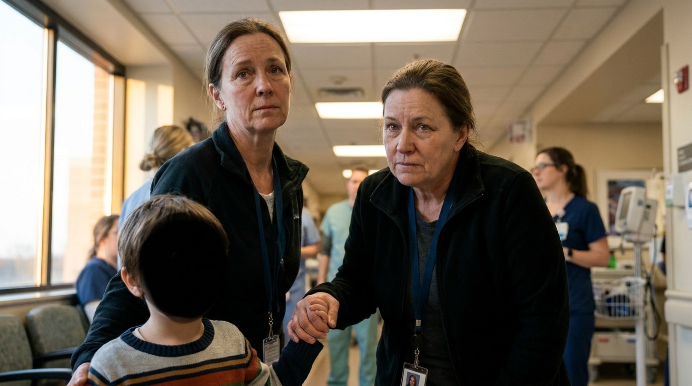 Travailleuse sociale tenant la main d'un enfant à l'hôpital