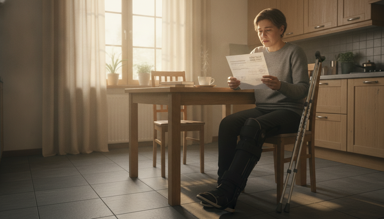 Personne blessée lisant un courrier officiel à domicile
