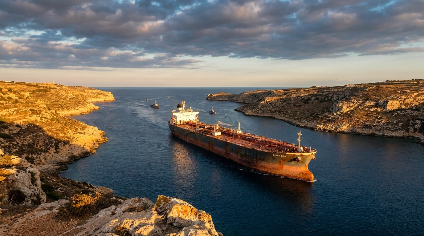 Pétrolier traversant un détroit maritime étroit