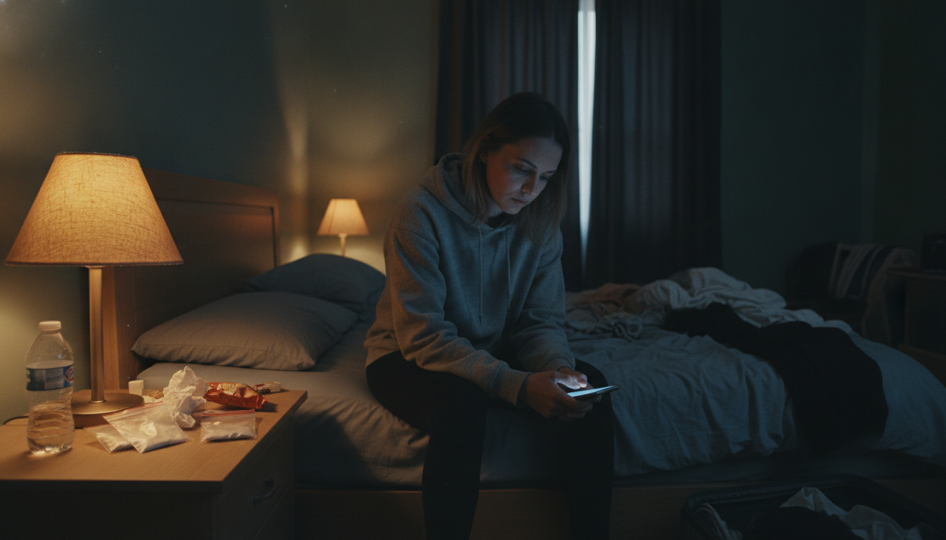Jeune femme seule dans sa chambre avec signes d'addiction