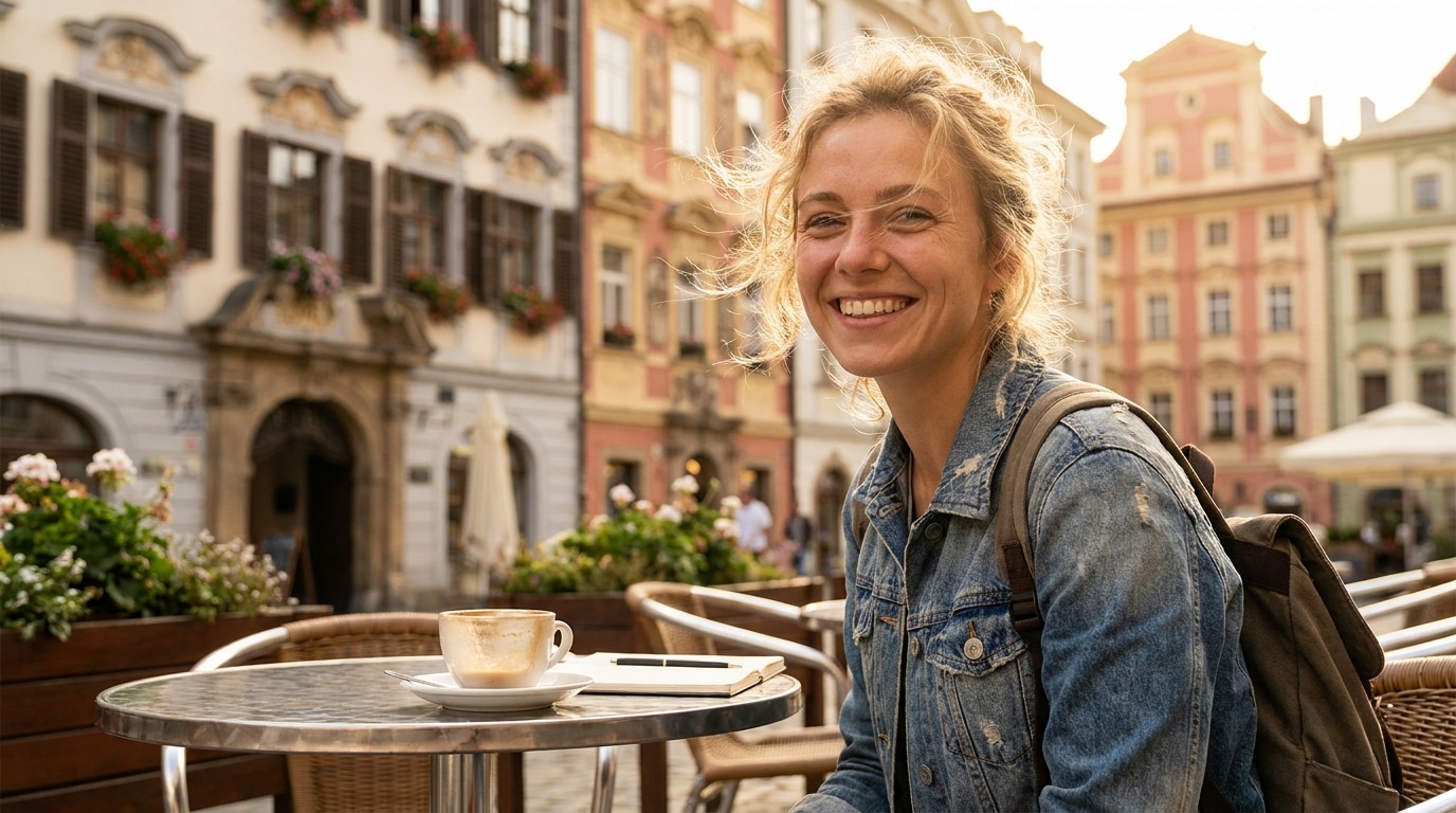 Jeune voyageuse souriante en terrasse devant des façades colorées