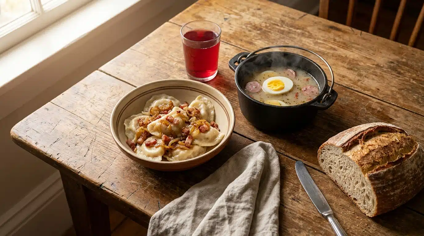 Table polonaise avec pierogi, zurek et pain frais