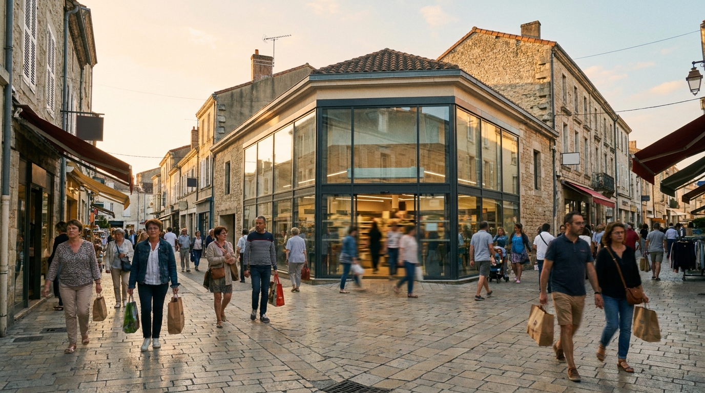 Façade d'un supermarché moderne dans une rue commerçante française