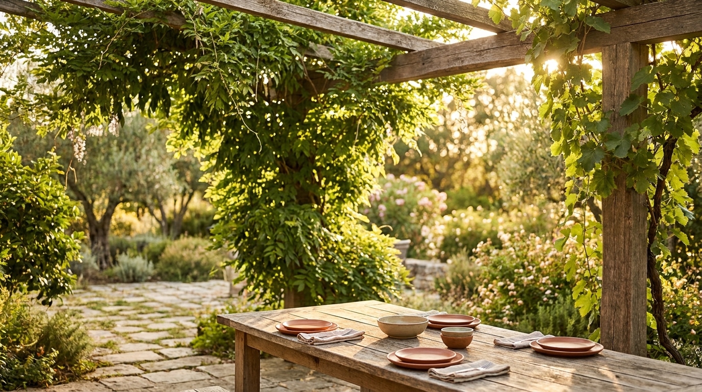 Pergola en bois couverte de plantes grimpantes verdoyantes sur une terrasse ensoleillée