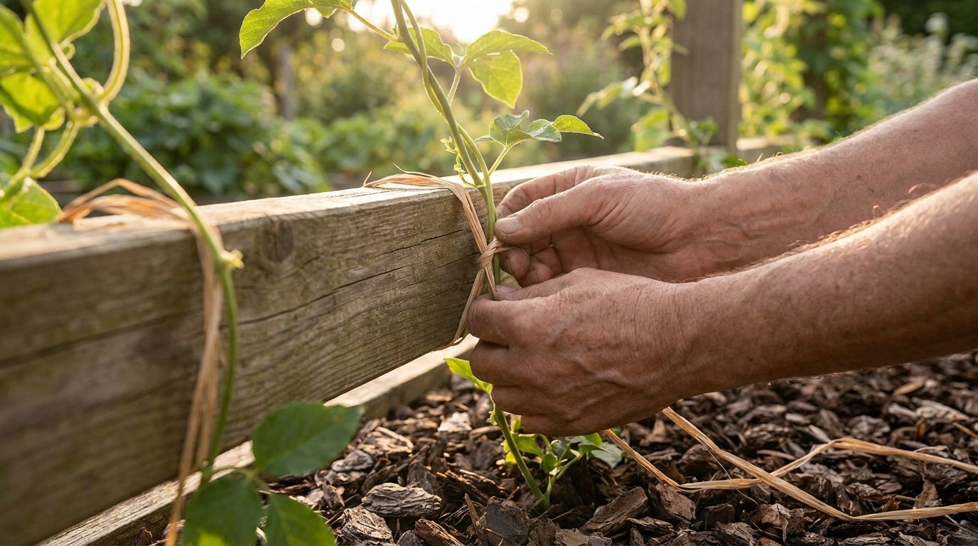 Mains guidant une jeune tige de plante grimpante sur un treillage en bois