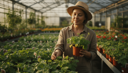 Femme parcourant un rayon de jardinerie avec citronnelles et géraniums