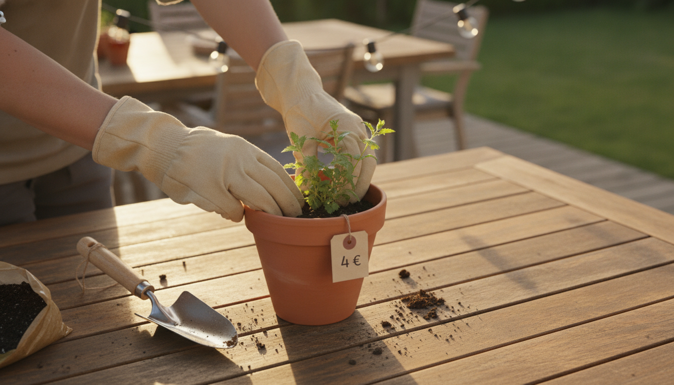 Plantation d'un godet de népéta en pot sur une terrasse