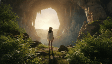 Visiteur à l'entrée d'une grotte souterraine en France