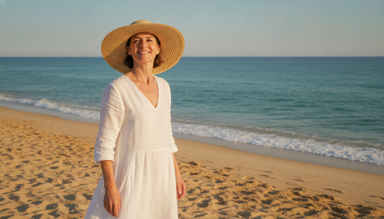 Femme souriante sur une plage déserte en été