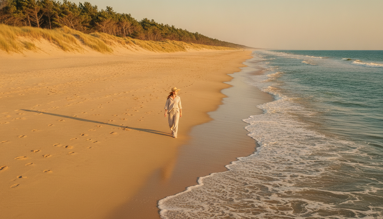 Plage déserte de Vendée bordée de dunes et pins
